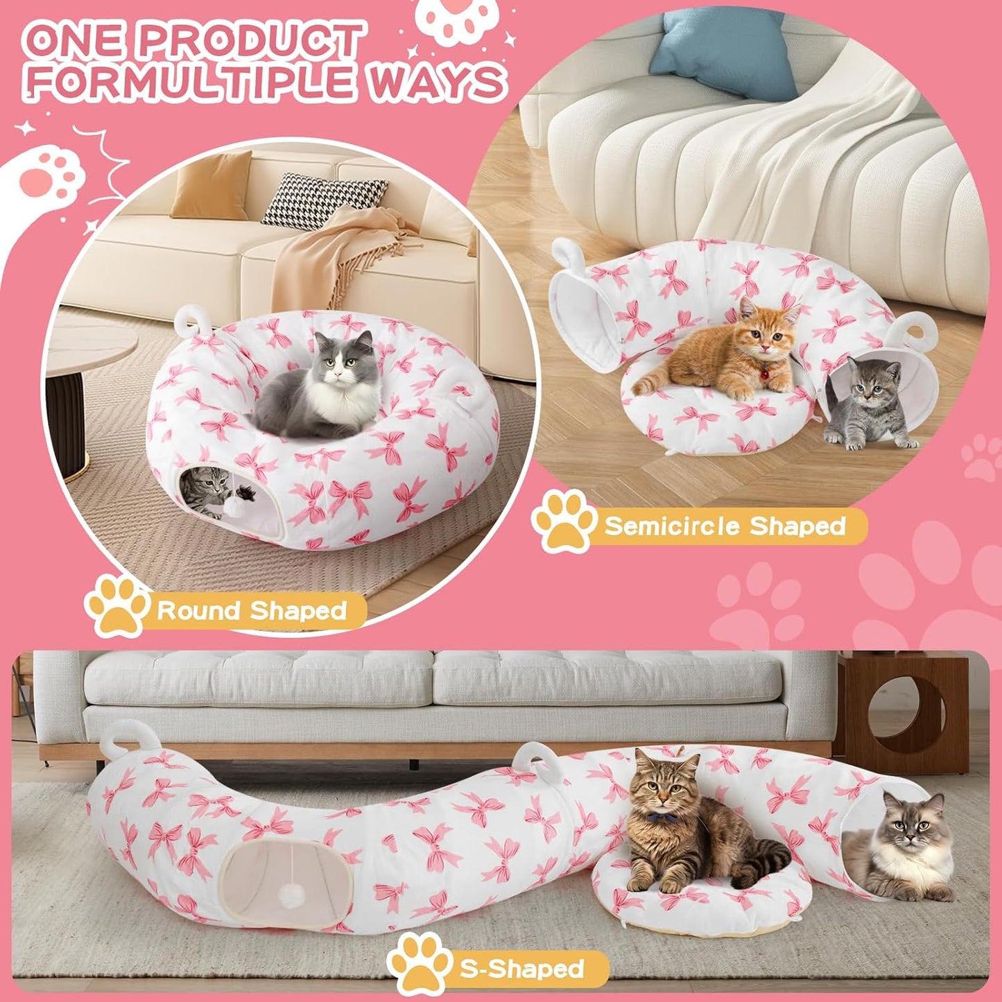 Cat Tunnel with Cat Bed for Indoor Cats, Under Christmas Tree Cute Kitten Donut Tunnel with Washable Cushion, Peekaboo Cat Cave Toy for Kitten Puppy Rabbit, Pink Pattern