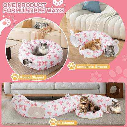Cat Tunnel with Cat Bed for Indoor Cats, Under Christmas Tree Cute Kitten Donut Tunnel with Washable Cushion, Peekaboo Cat Cave Toy for Kitten Puppy Rabbit, Pink Pattern