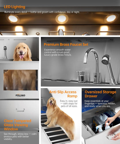 POLIMO Dog Washing Station, LED Professional Stainless Steel Dog Bathing Station 50", Dog Grooming Tub for Large, Medium & Small Dog - with Window, Ramp, Drawer, Floor Grate & Faucet (Right Ramp, 50")