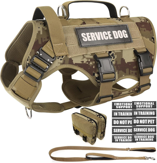 WINSEE Tactical Dog Harness with Dog Leash, Service Working MOLLE Vest with 10 Pet Patches for Dog, No Pull Military Harness and Backpack for Training Hunting Walking