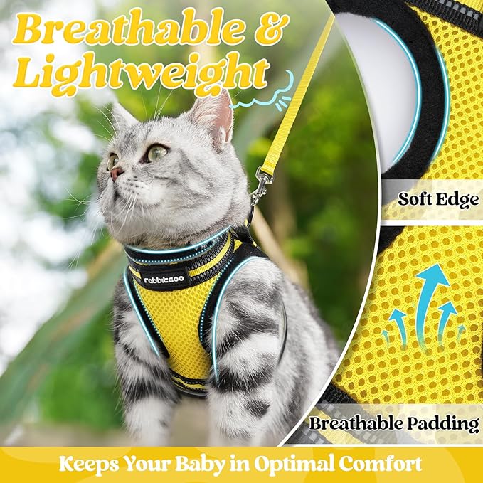 rabbitgoo Cat Harness and Leash Set for Walking Escape Proof, Adjustable Soft Kittens Vest with Reflective Strip for Cats, Comfortable Outdoor Vest, Bright Yellow, L