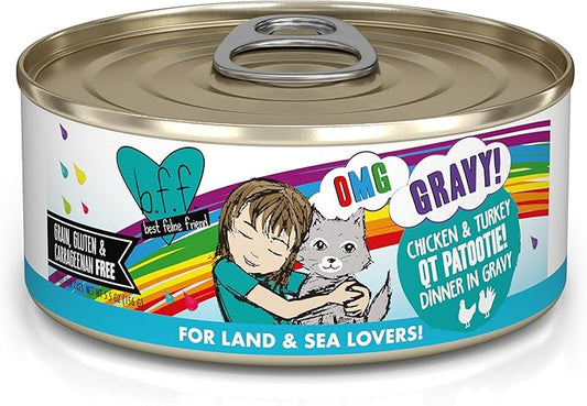 Weruva B.F.F. OMG - Best Feline Friend Oh My Gravy!, QT Patootie! with Chicken & Turkey in Gravy Cat Food, 5.5oz Can (Pack of 8)