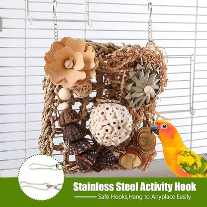 Bird Foraging Wall Toy, Seagrass Woven Climbing Hammock Mat with Chewing Toys,Parrot Shredding Hanging Toys for Cockatiel Lovebird Parakeet Budgie Small-Medium Birds (Small)