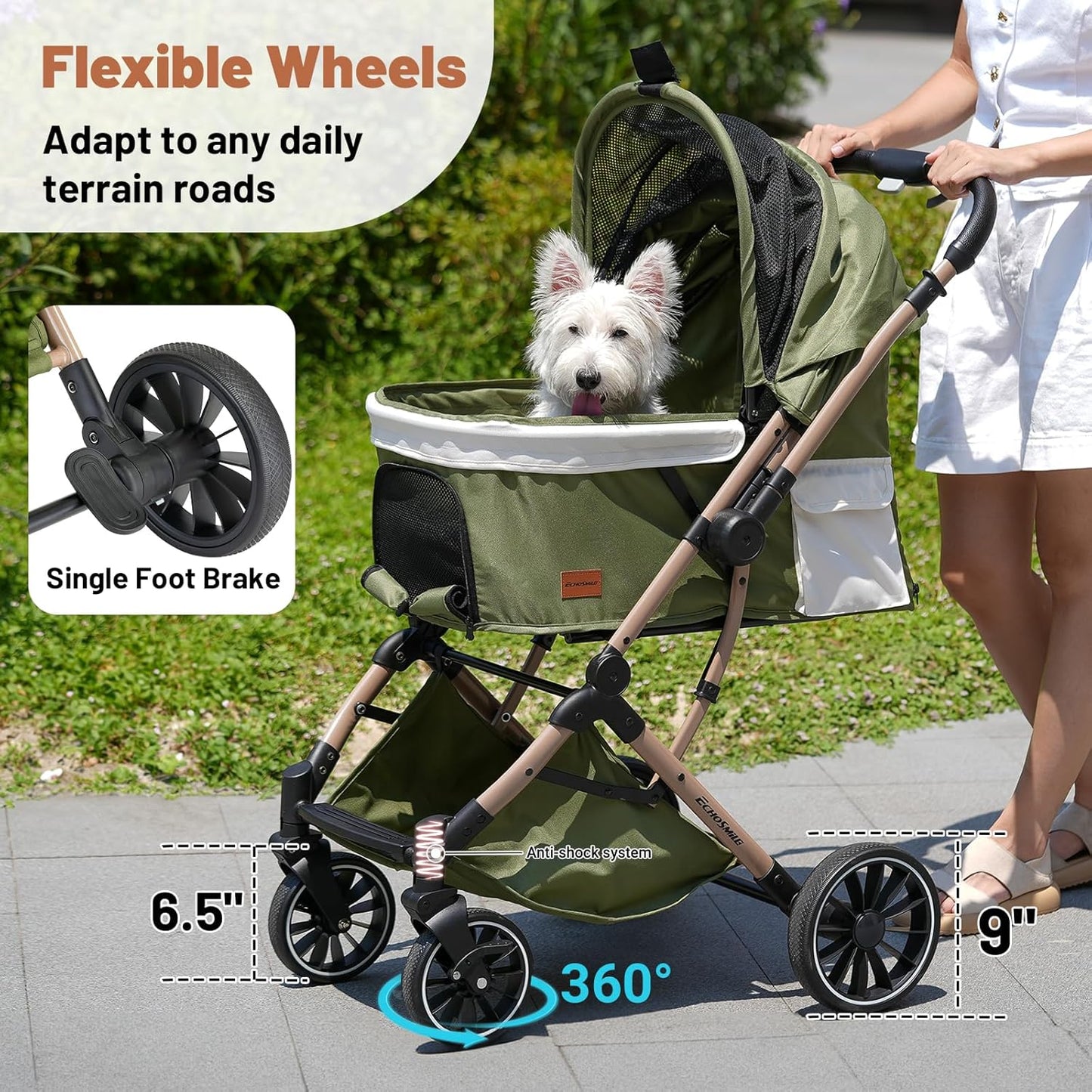EchoSmile Small Medium Dogs Stroller 4-Wheel Pet Strollers for Medium Dogs Up to 50lbs, One Click Folding Large Cat Stroller, Reversible Handle, Shock Absorbing Wheels, Removable Washable Pad, Green