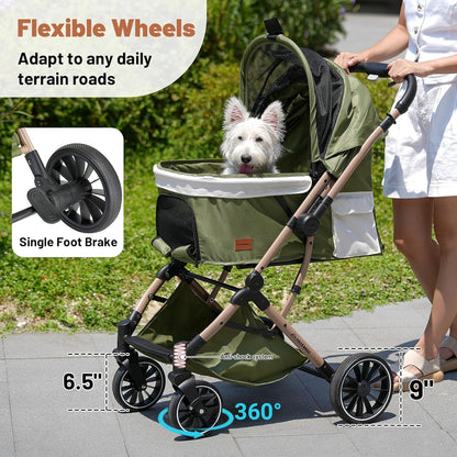 EchoSmile Small Medium Dogs Stroller 4-Wheel Pet Strollers for Medium Dogs Up to 50lbs, One Click Folding Large Cat Stroller, Reversible Handle, Shock Absorbing Wheels, Removable Washable Pad, Green