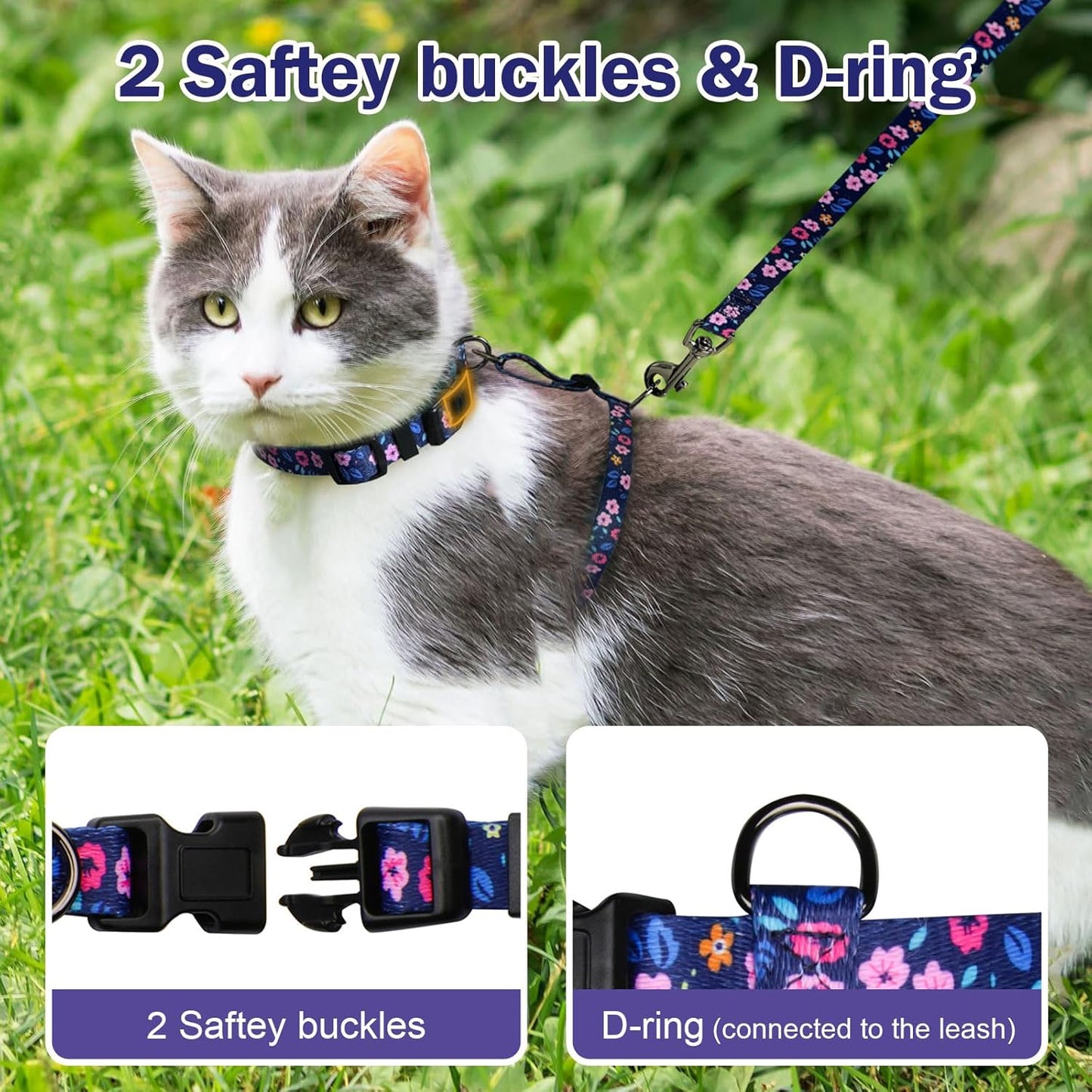 Hikiko Cat Harness and Leash Set Escape Proof Adjustable Walking Travel Cute Kitten Harness for Small Medium Large Cats (Navy Blue Floral, S)