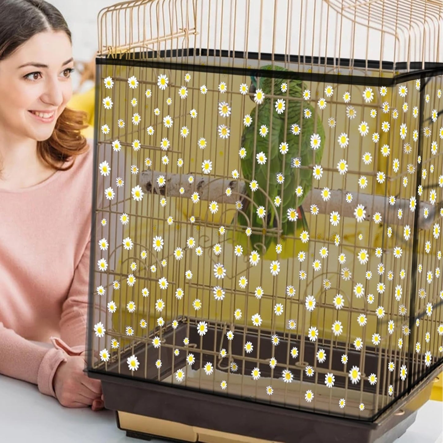 Daoeny Bird Cage Seed Catcher, Large Bird Cage Cover, Adjustable Soft Airy Nylon Mesh Net, Birdcage Cover Skirt Seed Guard for Parrot Parakeet Macaw African Round Square Cages (Black, Daisy Design)