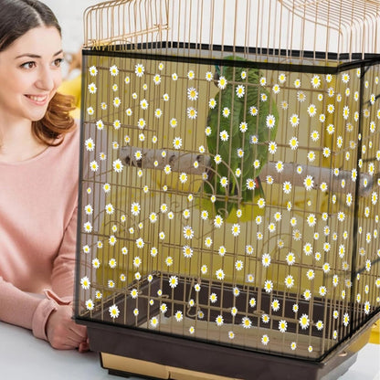 Daoeny Bird Cage Seed Catcher, Large Bird Cage Cover, Adjustable Soft Airy Nylon Mesh Net, Birdcage Cover Skirt Seed Guard for Parrot Parakeet Macaw African Round Square Cages (Black, Daisy Design)