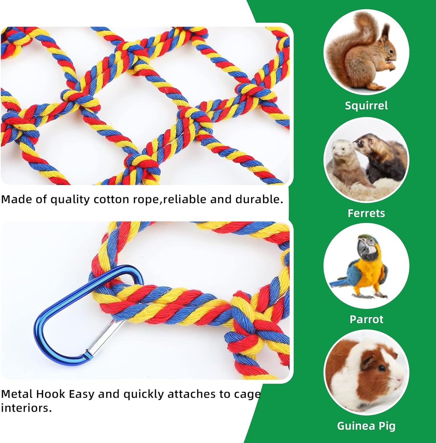 2 Pcs Rat Climbing Ropes for Cage Accessories - Bird Rope Rat Toys - 12.6 x 9.84 inch Hammock - Cotton Rope Bridge - Bird Ladder with 4 Silver Hooks