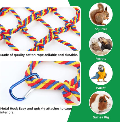 2 Pcs Rat Climbing Ropes for Cage Accessories - Bird Rope Rat Toys - 12.6 x 9.84 inch Hammock - Cotton Rope Bridge - Bird Ladder with 4 Silver Hooks