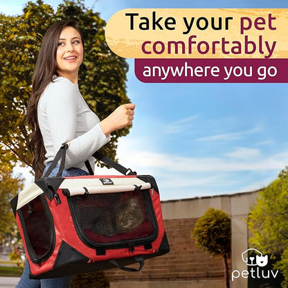 Medium Cat & Dog Carrier for Most Cats or Small Dogs, Soft-Sided, Collapsible with Locking Zippers, Portable Travel Bag with Soft Bed, Red
