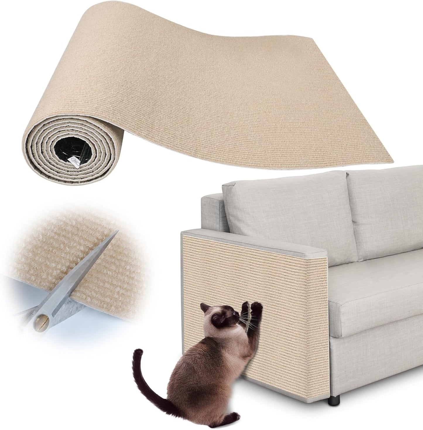 Cat Scratch Deterrent for Furniture - 100" x 15.8" Trimmable Self-Adhesive Cats Claws Scratch Pads, DIY Cat Climbing Couch Protector for Scratch Post Cat Tree Replacement Indoor (Khaki)