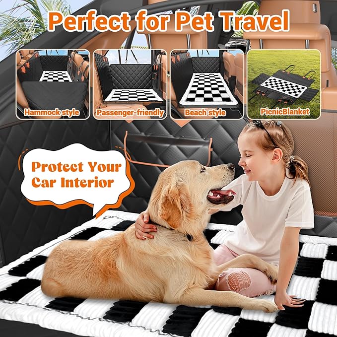 Hard Bottom Car Seat Cover for Dog swith Removable Soft Blankets,Scratch-Proof and Anti-Slip Car Dog Hammock for Large Dogs White for Car, SUV