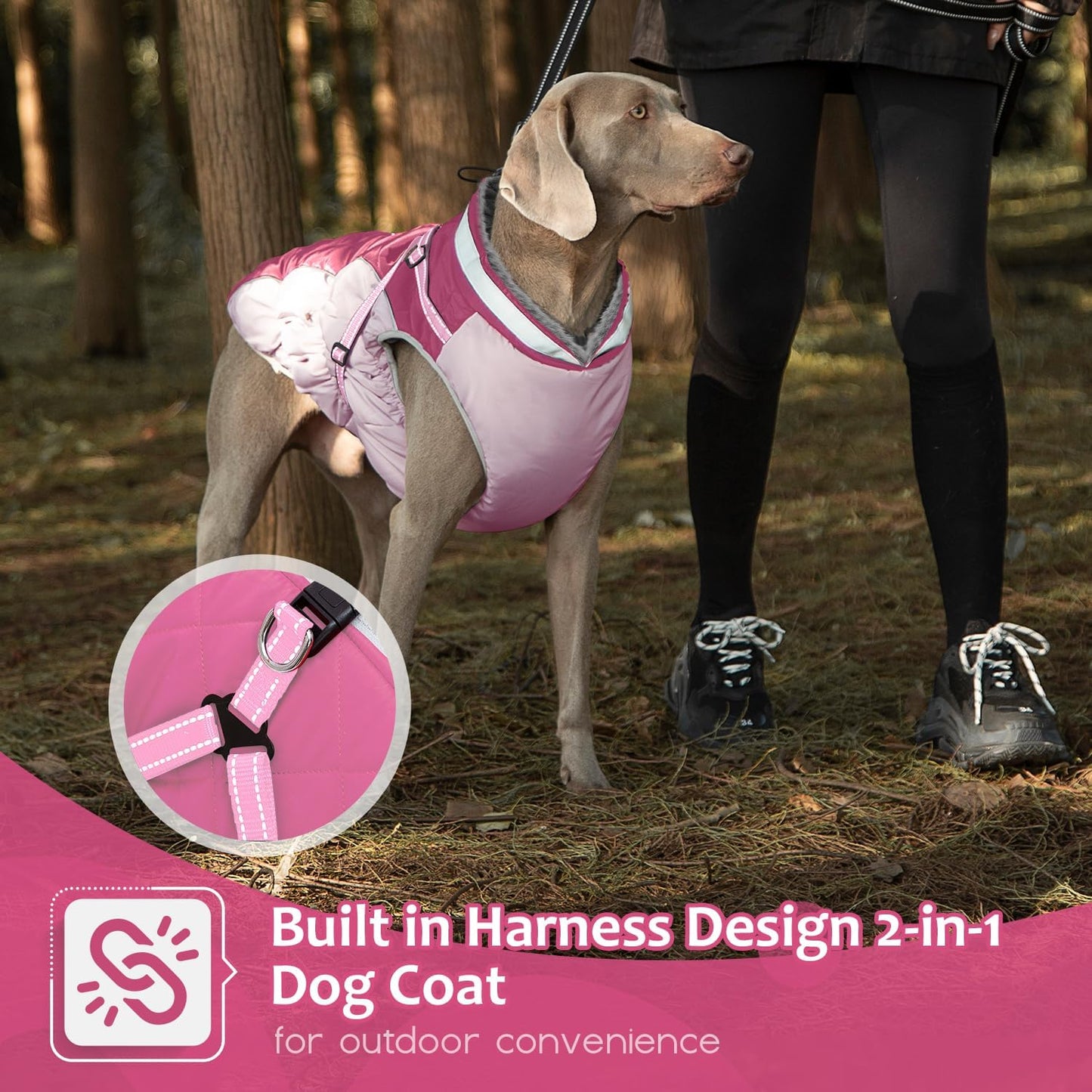 Dog Winter Coat with Harness, Dog Jacket, Pet Clothes with Zipper on Back, Waterproof Windproof Warm Vest, Reflective Cold Weather Coats, for Small Medium Large Dogs, Thick, Pink, 2XL