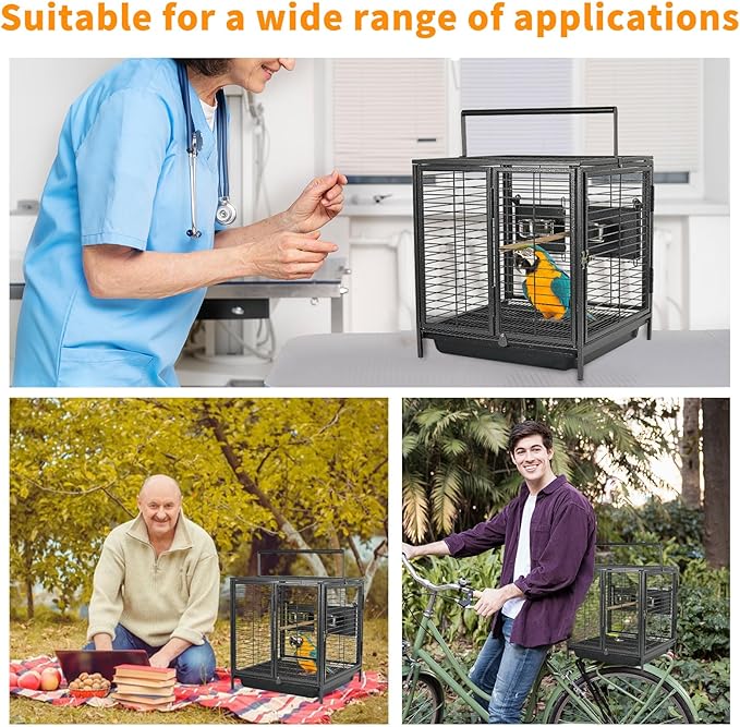 Portable Bird Travel Carrier Cage Black 19 Inch with Handle Wooden Perch,Parrot Travel cage Medium Birds for Cockatiels, Conures
