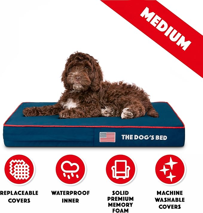 The Dog’s Bed Orthopedic Memory Foam Dog Bed, Medium Blue Oxford with Red Trim USA Flag, Pain Relief for Arthritis, Hip & Elbow Dysplasia, Post Surgery, Supportive, Calming, Waterproof Washable