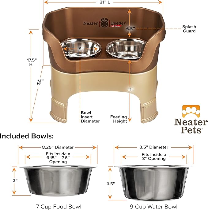 Neater Feeder Deluxe Mess Proof Dog Bowls Elevated for Large Dogs – Made in USA – No Spill Raised Dog Food Bowl Stand w/Leg Extensions – Stainless Steel Dog Food and Water Bowl Set – Bronze