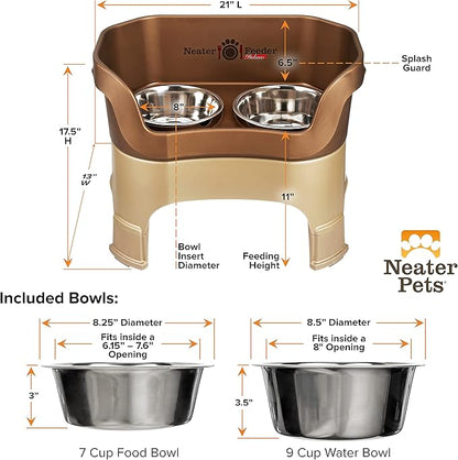 Neater Feeder Deluxe Mess Proof Dog Bowls Elevated for Large Dogs – Made in USA – No Spill Raised Dog Food Bowl Stand w/Leg Extensions – Stainless Steel Dog Food and Water Bowl Set – Bronze