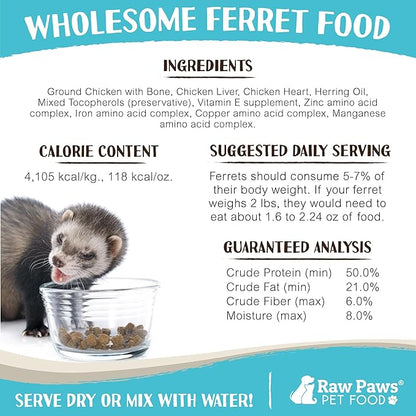 Raw Paws Freeze Dried Ferret Food - Chicken Recipe 16-oz - Made in USA - Grain Free Diet for Small, Adult, Senior & Baby Ferrets - Use as Treats for Rewarding & Training, Ferret Food Dry