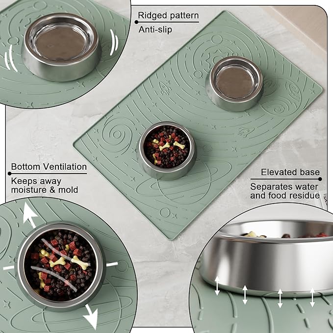 OHMO Dog Food Mat, Silicone Waterproof Cat Food Mat, Non-Skid Spill Proof Pet Feeding Mat for Food and Water, Easy to Clean Dog Placemat(Sage Green, 23.6" x 15.8")