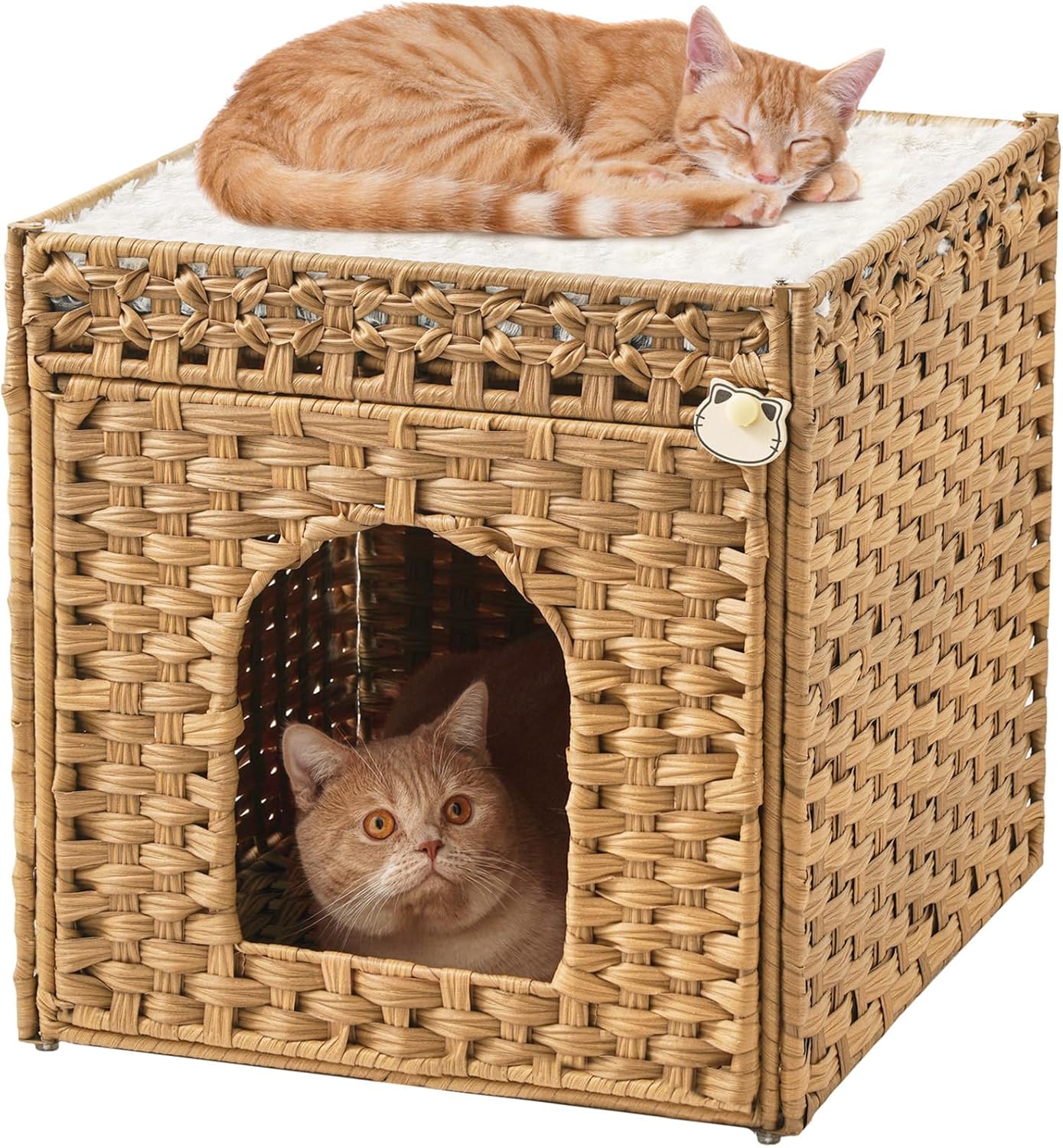 Cat Beds for Indoor Cats Extra Large Double Cat Cave Pet Cube, Handwoven Rattan Cat Houses with Double-Sided Soft Cushions, 18.5 x 20.5 x 19.1 Inches Foldable Hideaway in Living Room Natural