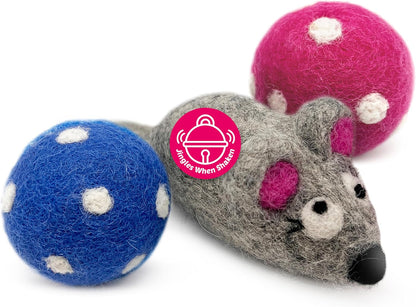 Hustle & Blush Wool Felt Balls 3 Pack Love Ewe Pet Supplies - 2 in Felted Wool Cat Toys 100% New Zealand Wools Felt Cat Toys Handmade Wools Felts Balls - Cats Felts Ball with Bell - Roll The Mice