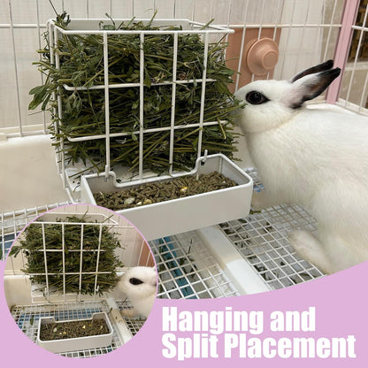 Rabbit Hay Feeder Guinea Pig Hay Feeder, Hay and Food Holder with Hook Heavy-Duty Metal Frame Hay Rack，for Bunny, Guinea Pigs,Chinchillas， Comes with Two Multifunctional Zippers-6.8x6.7x6.6inch