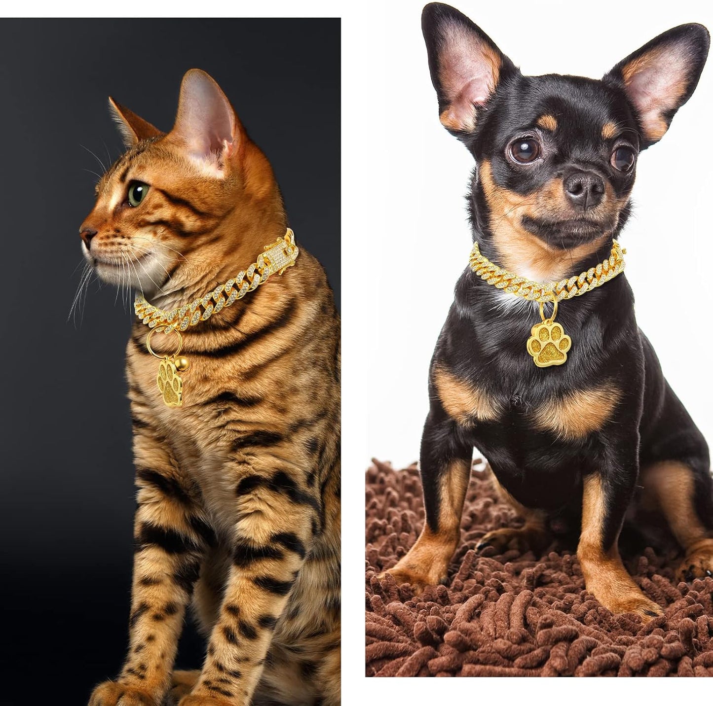 Hillban Cat Collar Diamond Chain Glitter Collar Walking Metal with Secure Buckle Cat Pet Necklace with Paw Charm and ID Tag Bell Link Cuban Jewelry Accessories(10 Inch,Gold)