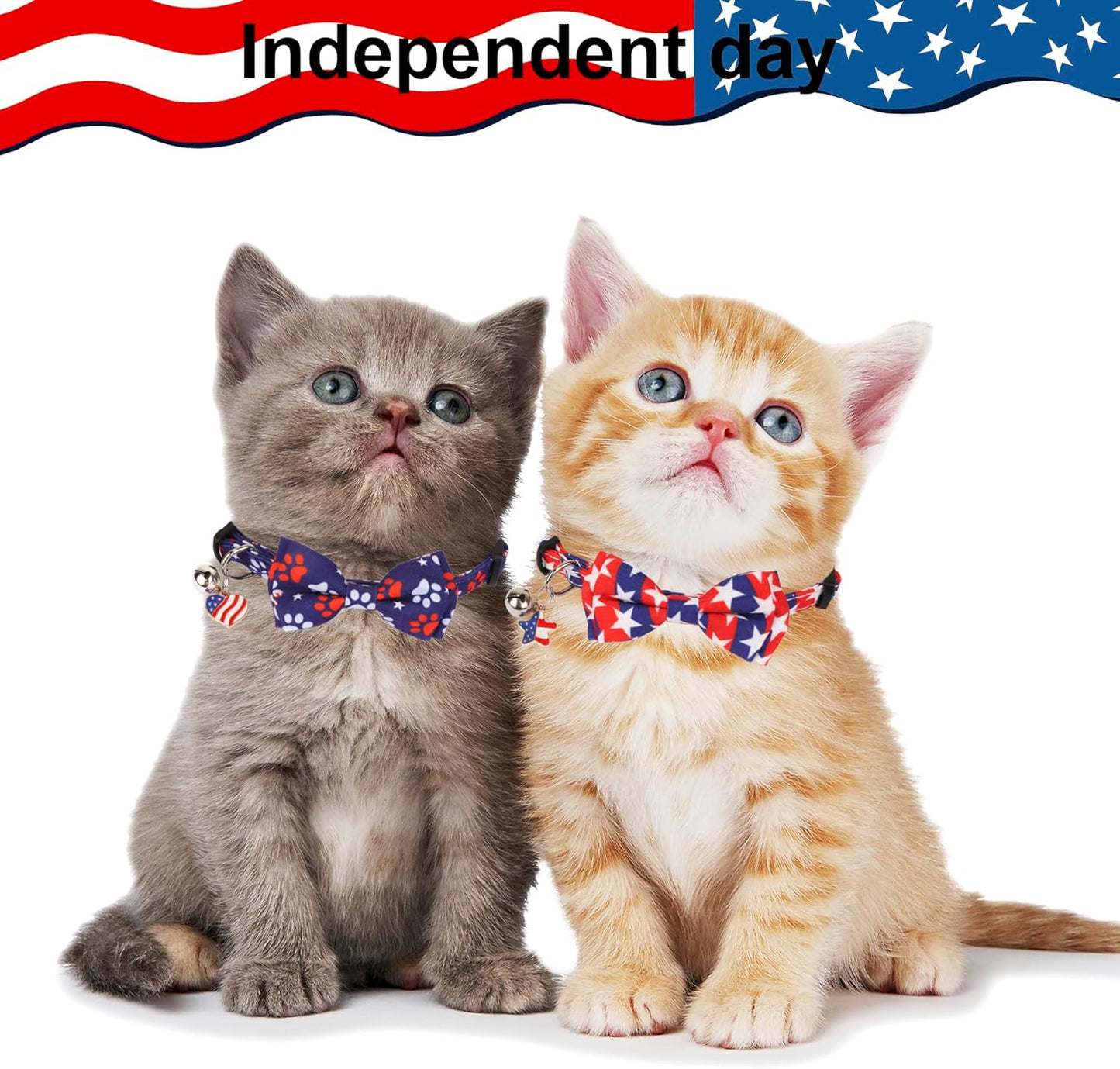 ADOGGYGO American Flag Cat Collar Breakaway with Bow Tie Bell - 2 Pack 4th of July Kitten Collar with Removable Bowtie Red Blue American Flag Collars for Cat Kitten