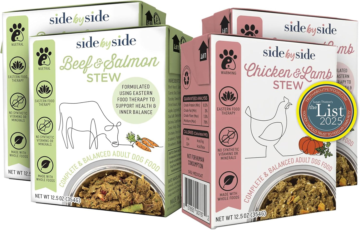 Side by Side Chicken & Lamb | Beef & Salmon Stew - Wet Dog Food & Dog Food Topper for All Breeds - Made with Nutrients & Whole Raw Ingredients - No Artificial Additives or Fillers (12.5 oz, 4-Pack)
