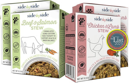 Side by Side Chicken & Lamb | Beef & Salmon Stew - Wet Dog Food & Dog Food Topper for All Breeds - Made with Nutrients & Whole Raw Ingredients - No Artificial Additives or Fillers (12.5 oz, 4-Pack)
