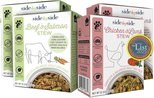 Side by Side Chicken & Lamb | Beef & Salmon Stew - Wet Dog Food & Dog Food Topper for All Breeds - Made with Nutrients & Whole Raw Ingredients - No Artificial Additives or Fillers (12.5 oz, 4-Pack)