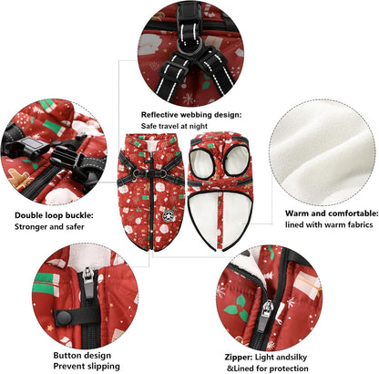 Aiboria Dog Jacket Windproof Fleece Dog Sweater with Padded Vest Chest Strap Harness Dogs Coat Christmas Red L