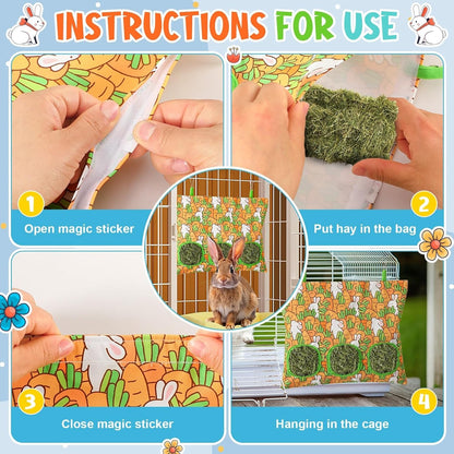 UPINS 2 Hay Bag for Rabbits 3-Hole Hanging Hay Feeder Guinea Pig Hay Bags, Hay Feeder for Rabbits Chinchillas Hamsters Small Pets and Animals