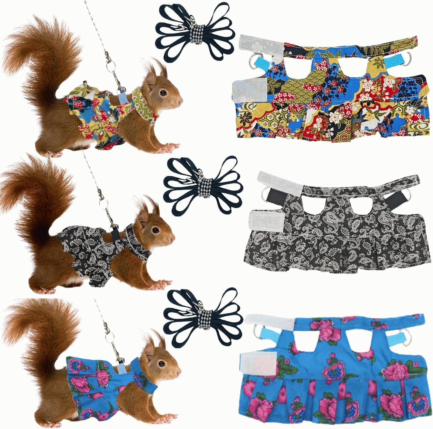 3 Sets Squirrel Leash and Harness Set,Traction Rope Strap, Ferret Harness Vest, Adjustable Flora Small Animal Harness Vest for Ferret, Dwarf Chinchilla, Guinea Pig, Fancy Rat (Small)