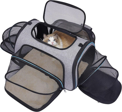 Siivton 4 Sides Expandable Pet Carrier, Airline Approved Soft-Sided Dog Cat Carrier Bag with Fleece Pad for Cats, Puppy and Small Animals (4 Extension Gray_Blue, L:18.0" L x 11.0" W x 11.0" H)