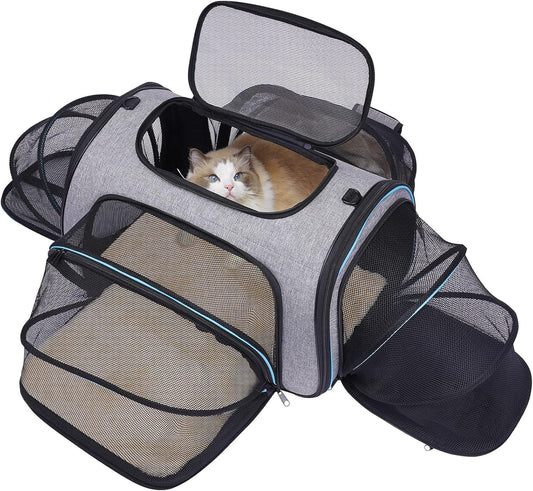 Siivton 4 Sides Expandable Pet Carrier, Airline Approved Soft-Sided Dog Cat Carrier Bag with Fleece Pad for Cats, Puppy and Small Animals (4 Extension Gray_Blue, L:18.0" L x 11.0" W x 11.0" H)