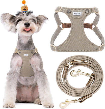 Puppytie No Pull Small Dog Harness with Multifunction Dog Leash, Lightweight Soft Adjustable No Choke Escape Proof Pet Harness Vest, Denim Mocha Brown