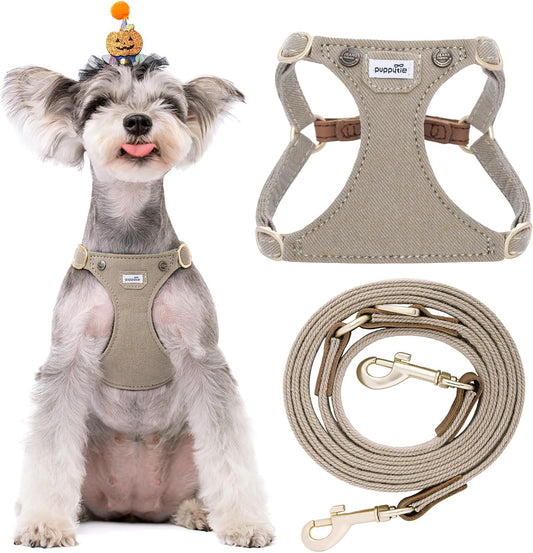 Puppytie No Pull Small Dog Harness with Multifunction Dog Leash, Lightweight Soft Adjustable No Choke Escape Proof Pet Harness Vest, Denim Mocha Brown