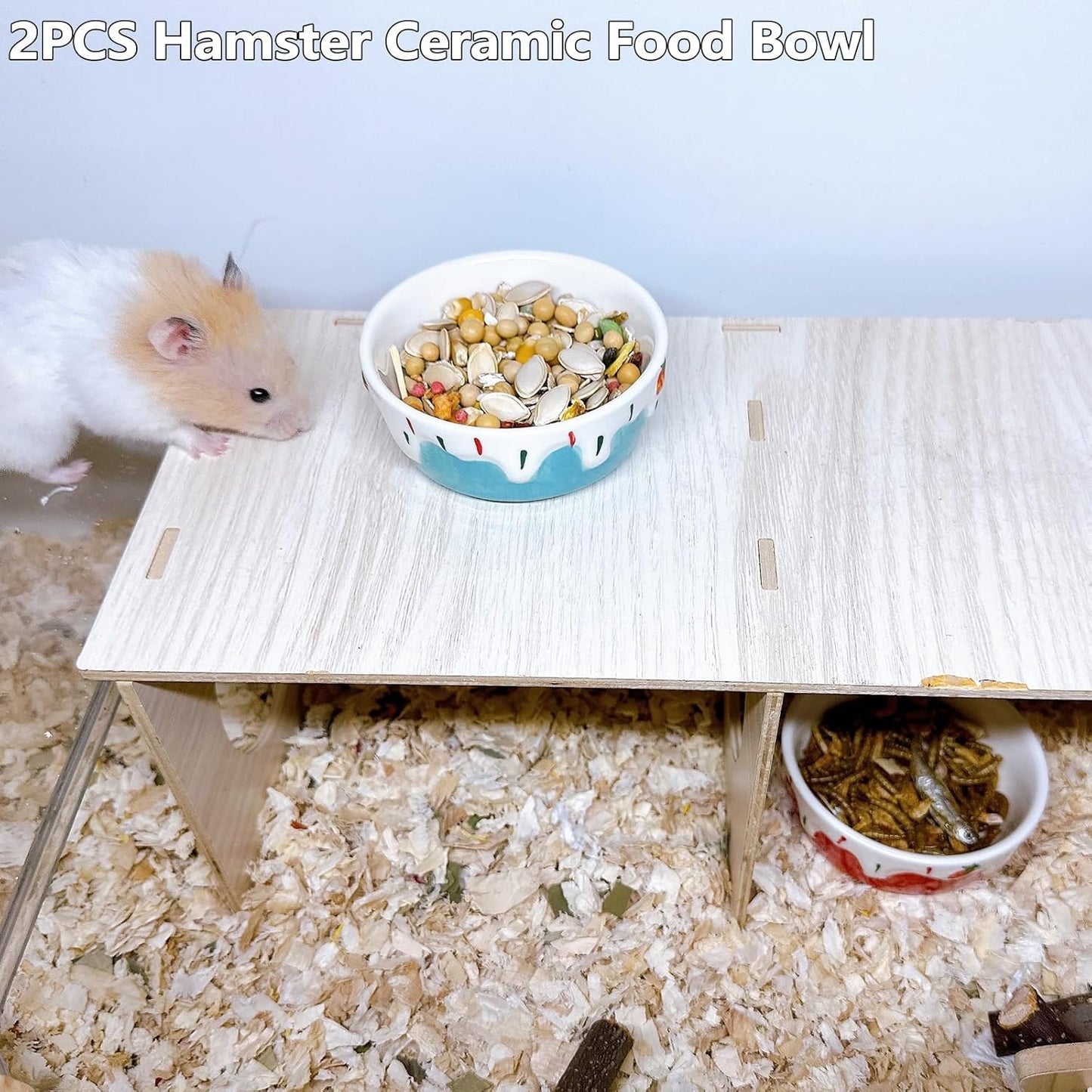 2 Pack Hamster Food Bowl Small Animals Ceramic Food Water Bowl Rat Bowls Prevent Tipping Moving for Gerbil Chinchilla Hedgehog (Color: Red + Blue)