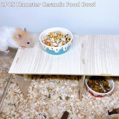 2 Pack Hamster Food Bowl Small Animals Ceramic Food Water Bowl Rat Bowls Prevent Tipping Moving for Gerbil Chinchilla Hedgehog (Color: Red + Blue)