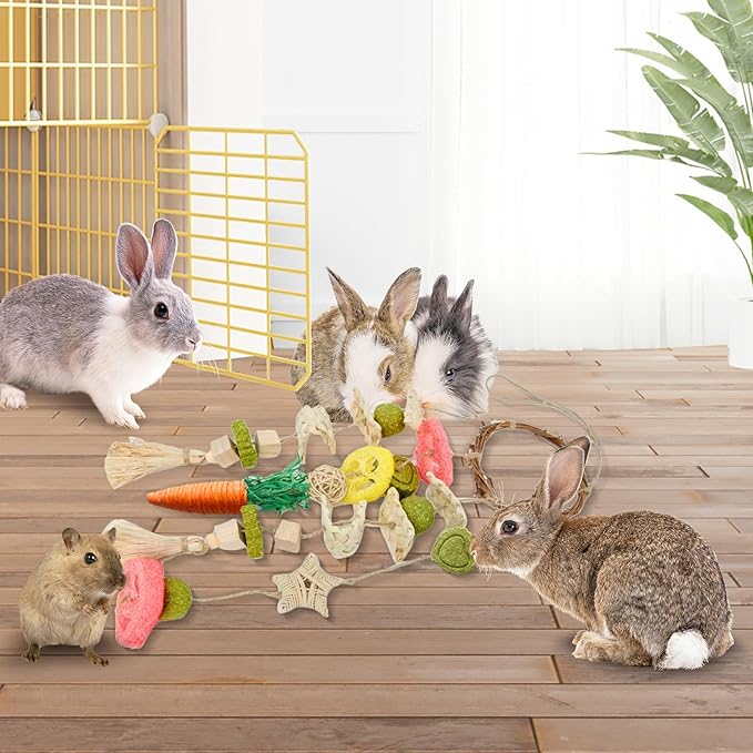 Rabbit Chew Toys Bunny Cage Hanging Toy and Treats Rattan Ring with Snacks for Rodent Pets Teeth Healthy