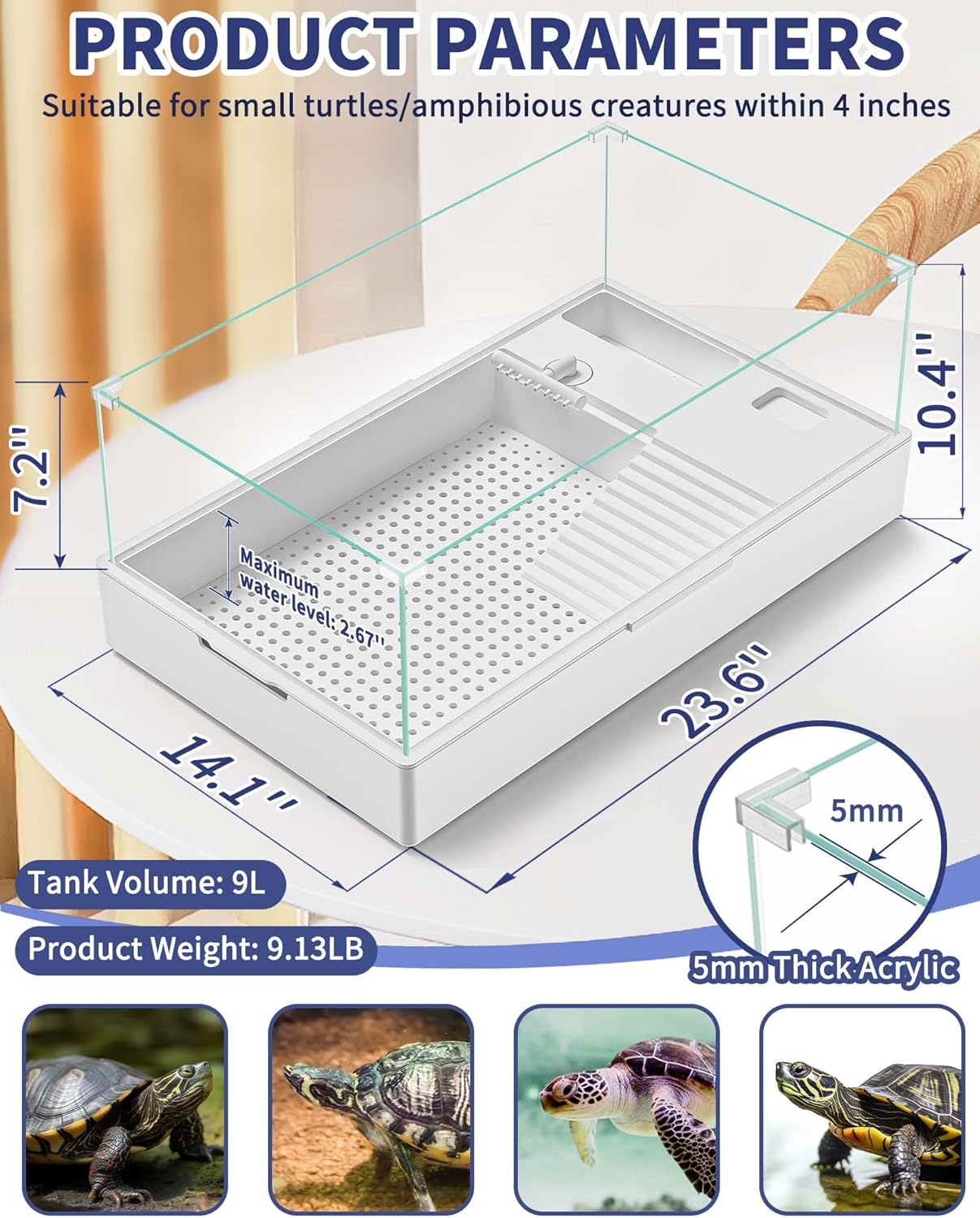 Large Turtle Tank Kit(Tank + Light + Water Pump), Acrylic Turtle Tank Starter Kit with Upgrade Rain Shower Head, Adjustable 5W Water Pump, Higher Fences and Multi-Function Area. (L-Kit)