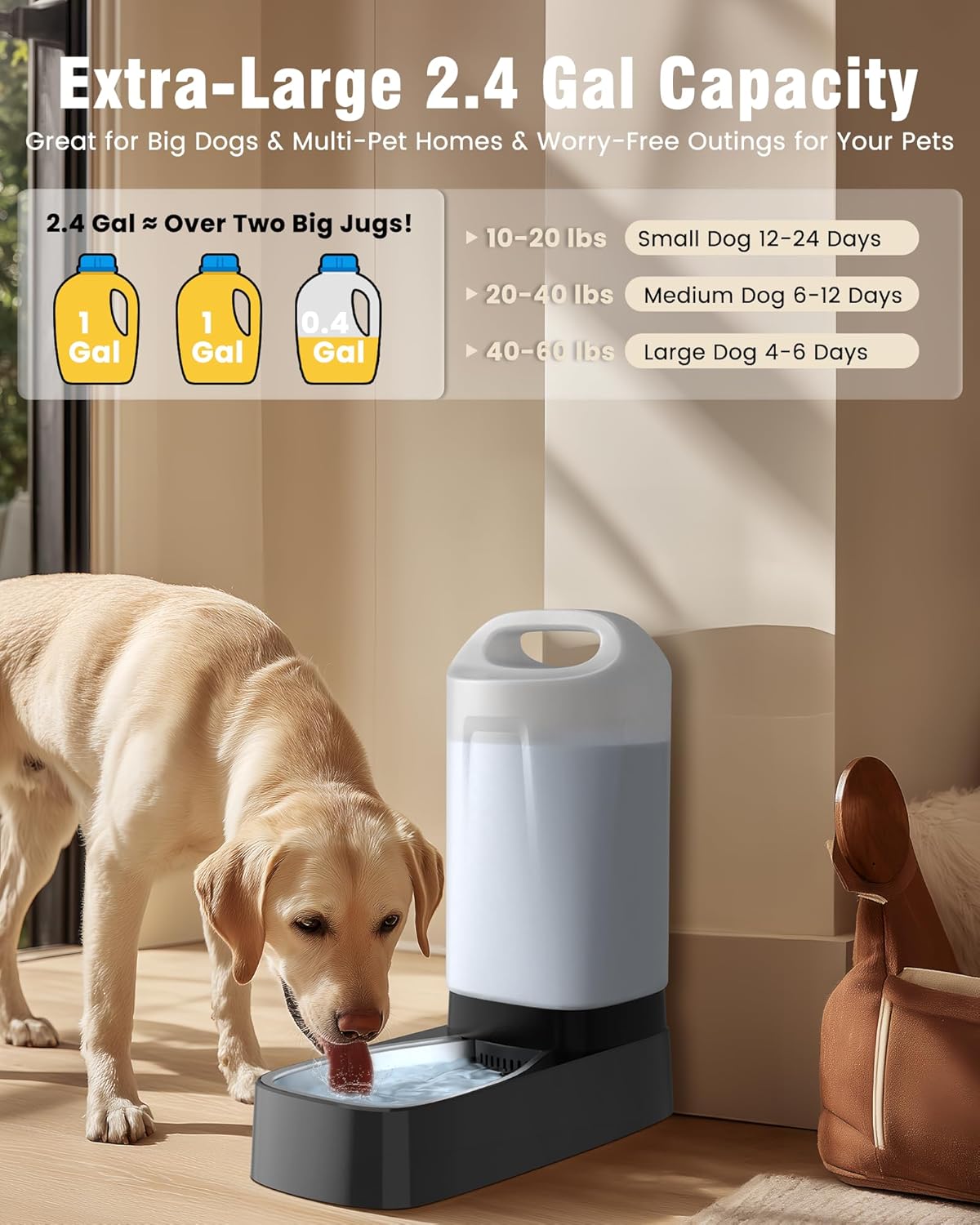 Automatic Dog Water Bowl Dispenser - with Filter 2.4 Gallon Stainless Steel Gravity Pet Water Feeder with Ergonomic Handle Design Anti Splash Drinking Bowl Easy to Clean Multi Pet Use