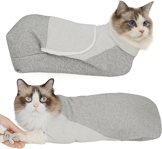 Self-Adhesive Cat Grooming Wrap, Cozy Cat Wrap for Cutting Nails, Breathable Anti-Scratch Cat Swaddle Bag for Brushing, Ear Cleaning, Dental Care, Medication, Injections, Grey S