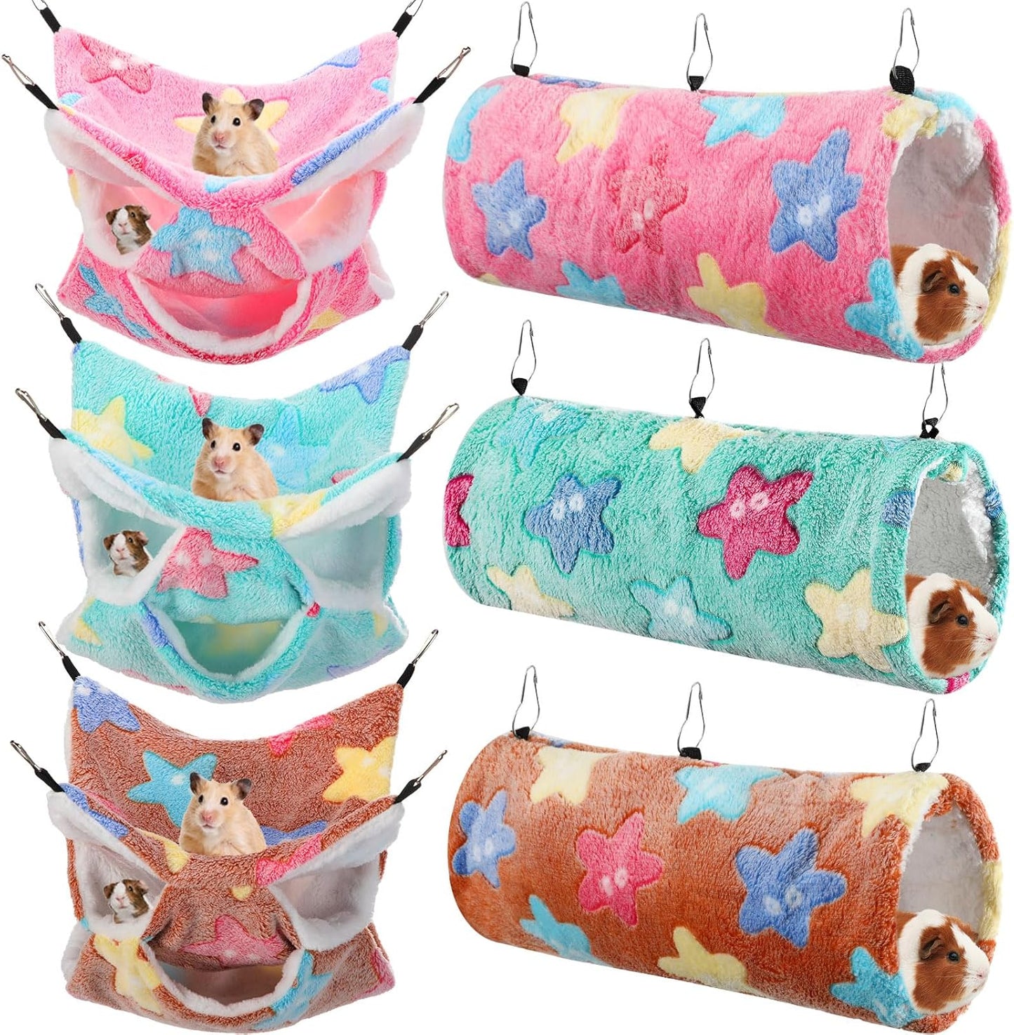 Sweetude 6 Pcs Rat Hammock Set Ferret Hanging Tunnel 3 Tier Guinea Pig Hammocks Hideout Soft Chinchilla Bed for Cage Accessories Hide,Play and Sleep(Dreamy,Star)