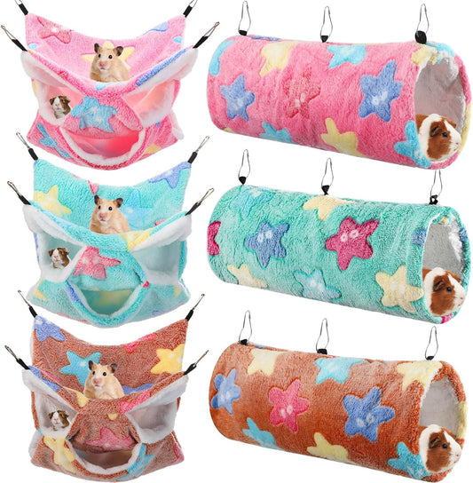 Sweetude 6 Pcs Rat Hammock Set Ferret Hanging Tunnel 3 Tier Guinea Pig Hammocks Hideout Soft Chinchilla Bed for Cage Accessories Hide,Play and Sleep(Dreamy,Star)