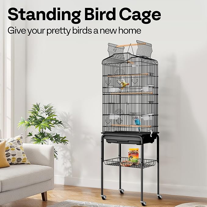 VIVOHOME 64 Inch Bird Cage with Play Top and Rolling Stand for Parrots Conures Lovebird Cockatiel Parakeets Black