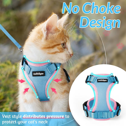 rabbitgoo Cat Harness and Leash for Walking, Escape Proof Soft Adjustable Vest Harnesses for Cats, Easy Control Breathable Reflective Strips Jacket, Light Blue&Pink, XXS