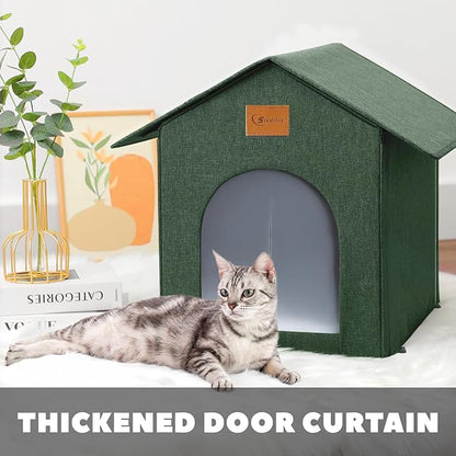 Outdoor Cat House Feral Cat Shelter,Outside Waterproof Cat House for Outdoor/Indoor Cats, Insulated Cat Bed for All Seasons with Cozy Cushion Easy to Assemble (Olive Green, floor spike style)